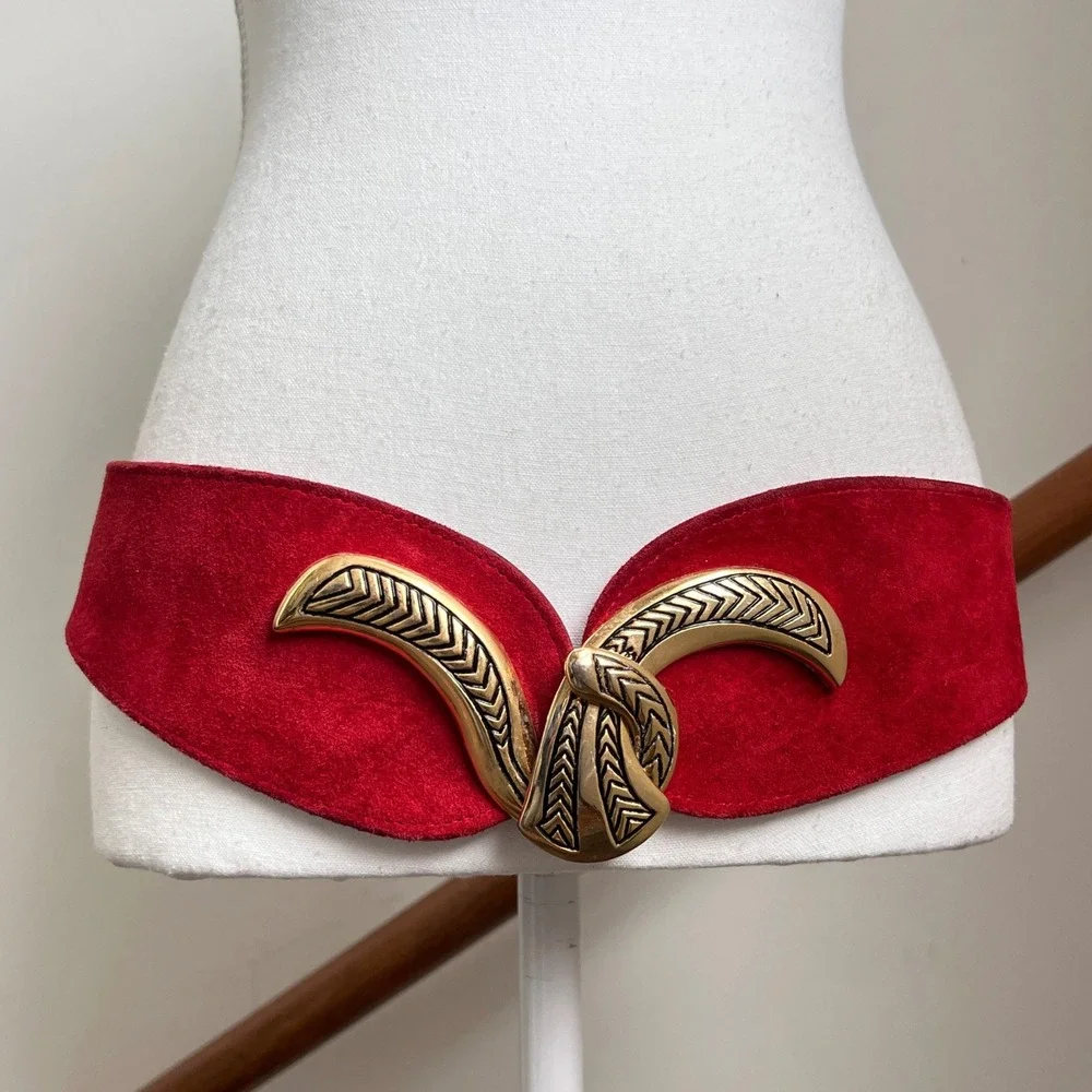 Vintage 80s Statement Belt Red Suede Leather Gold Ornate Buckle Wide Thick Big